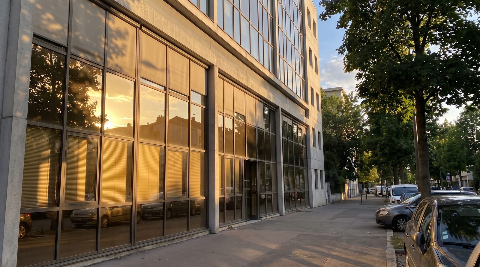 Façade de bureaux exposée à l'ouest en fin d'après-midi, stores intérieurs baissés