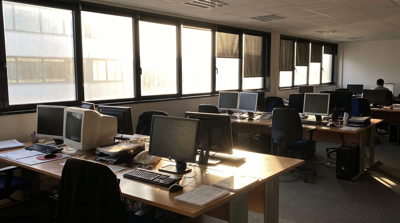 Open space vitré en fin de journée, soleil rasant se reflétant sur les écrans des postes de travail