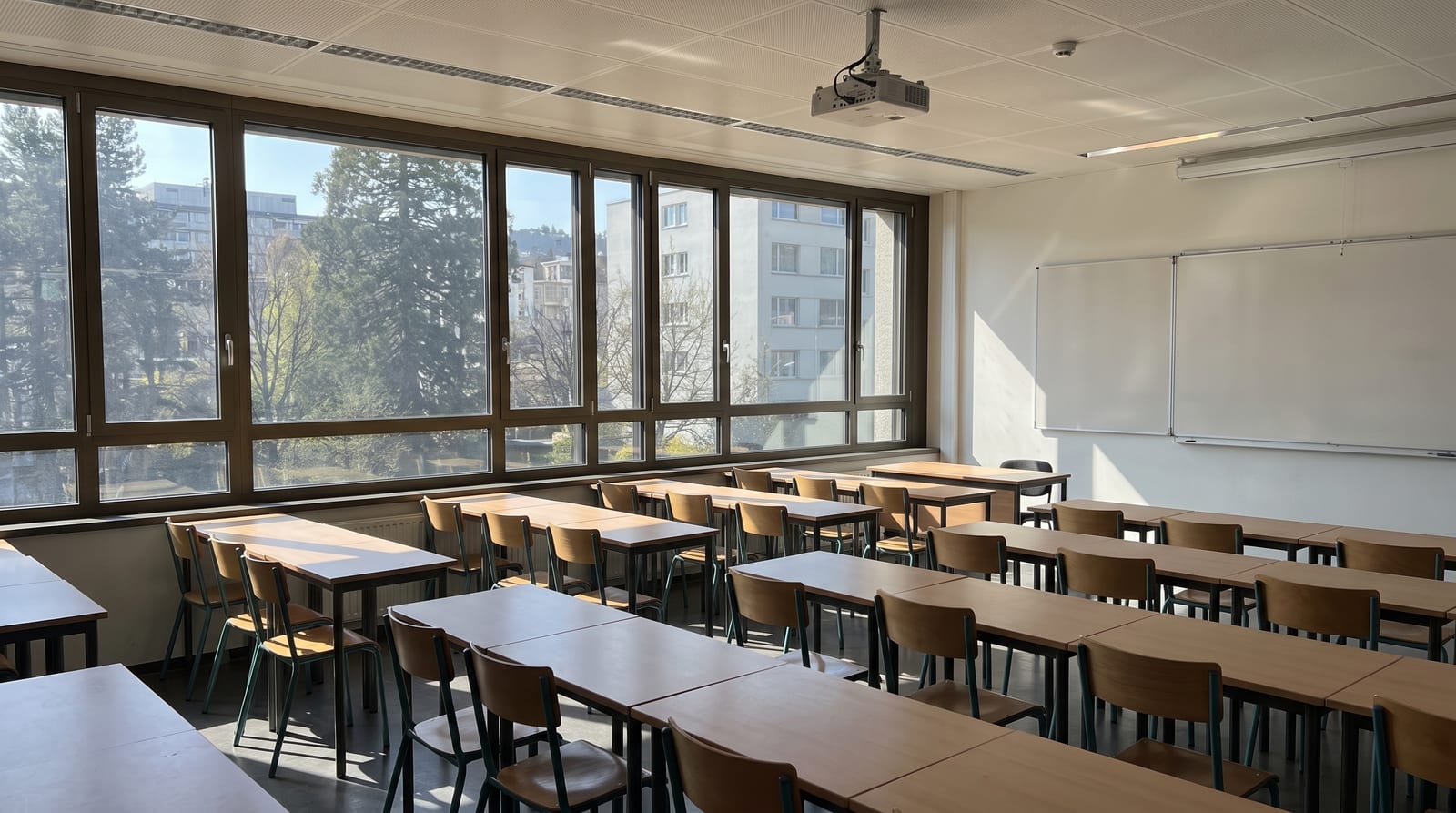 Salle de classe vide aux grandes fenêtres équipées d'un film solaire, lumière d'été filtrée